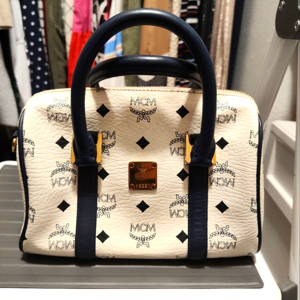 MCM White and Blue Satchel with Signature Monogram